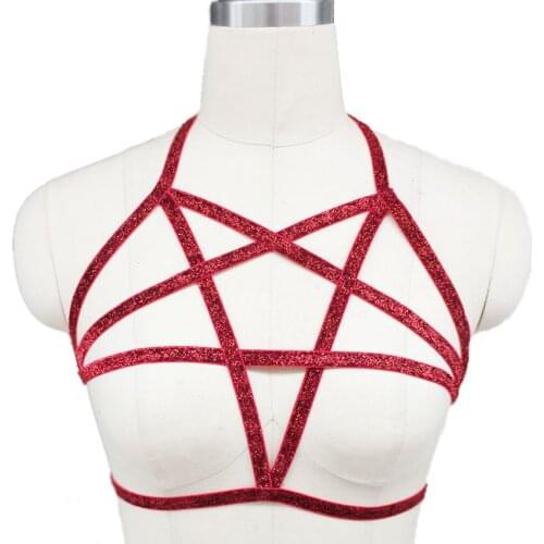 Sexy Elastic Lingerie pentagram harness cage bra body cage fetish bondage Harness Belt 90s Glitter pentagram Goth Body harness