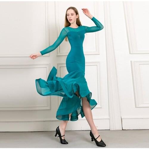 Mesh Ballroom Dance Dress For Women Sexy Stage Costume Green Latin Dance Wear Adult Cha Cha Outfits Waltz Modern Dresses JL1479