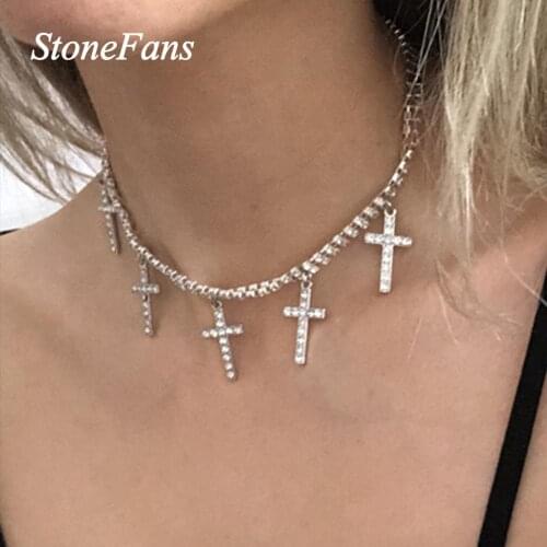 Stonefans Religious Rhinestone Corss Pendant Necklace Charm Choker for Women Double layer Tennis Chain choker Cross Jewelry