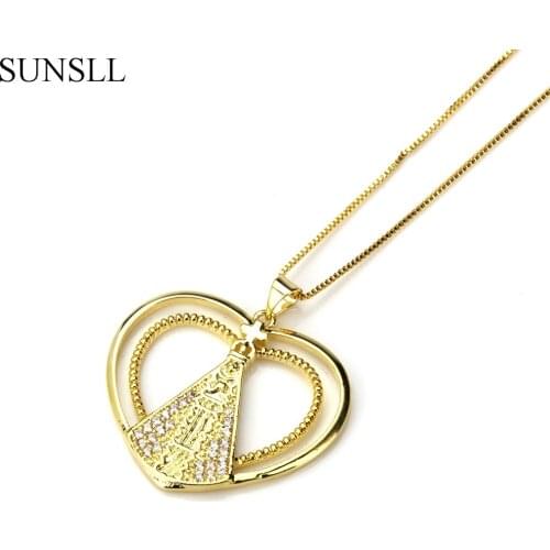 SUNSLL Gold Color Copper White Cubic Zirconia Hollow Love Heart Pendant Necklaces Womens Fashion Jewelry CZ Colar Feminina