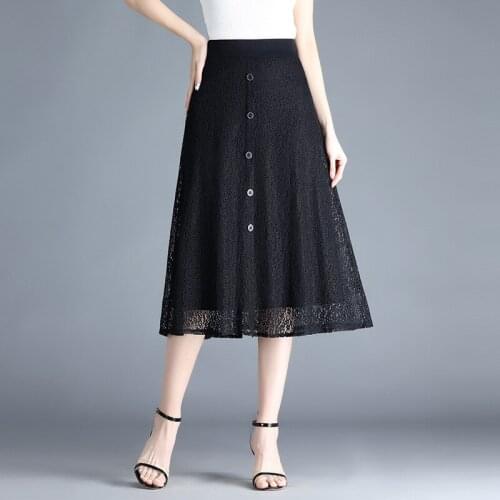 202 Summer New Women Plus Size 4XL High Waisted Black Lace A-line Skirt Female Elegant Fashion Loose Casual Long Skirts 6275