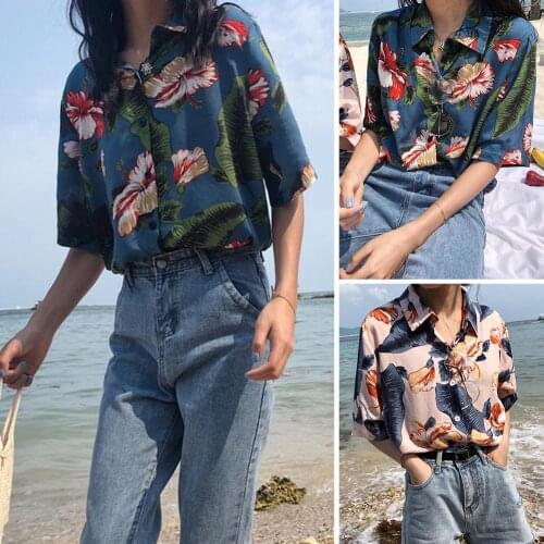 Summer Flower Leaf Print Button Up Shirts Women 2021 Fashion Summer Blouses Korean Vintage Elegant Blouse