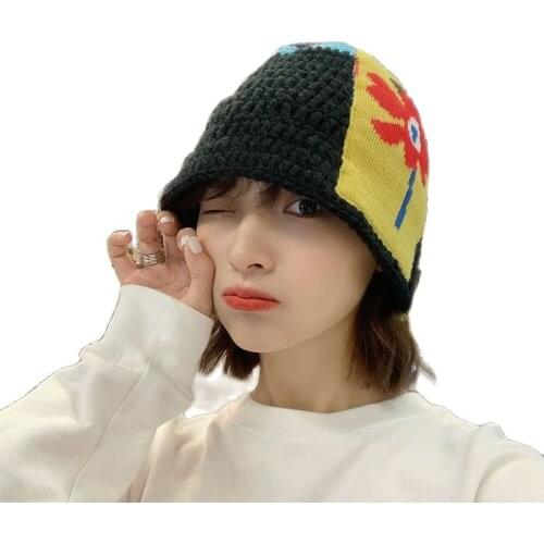 Womens knitted bucket hat Folk Floral printed fisherman hat Winter Girl Ladies Thick warm Panama Gorros