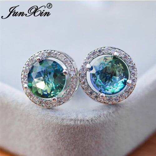 Gradient Rainbow Fire Crystal Round Earrings White Gold Colorful Zircon Blue Green Zircon Stone Stud Earrings For Women Jewelry