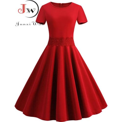Women Party Dress Summer 50s Retro Vintage Dress Red Lace Short Sleeve Elegant Casual Rockabilly Swing Midi Dress Plus Size