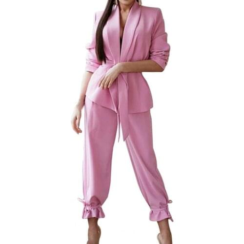 Women Blazer Pants Set Lace-up Ankle Tied Outfits 2021 Autumn Winter Long Sleeve Elegant Office Lady Blazer Suits Streetwear