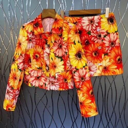 Womens Set 2021 Autumn Winter Jacket Sets Ladies Vintage Jacquard Floral Print Long Sleeve Coat Jacket+Mini Skirt Sets 2pc