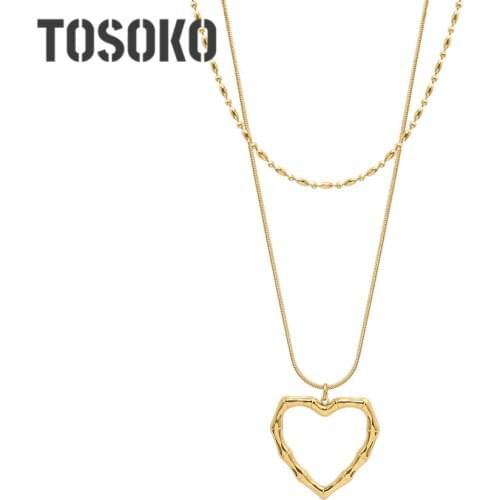 TOSOKO Stainless Steel Jewelry Snake Bone Chain Peach Heart Pendant Necklace Womens Double Layered Gold Bead Necklace BSP1130