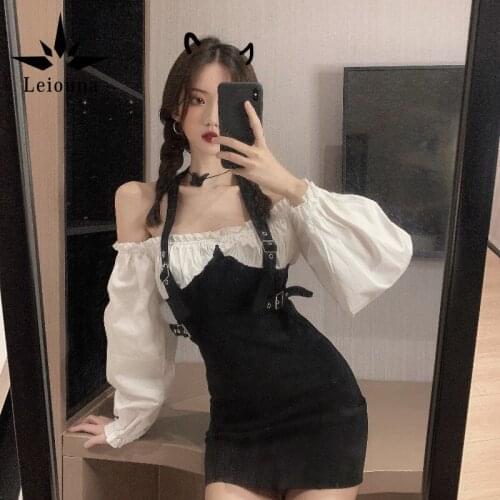 Leiouna Black White Patchwork Fake 2 Piece Sashes Slash Neck Short Puff Sleeve Sexy New Off Shoulder Hip Female Slim Mini Dress