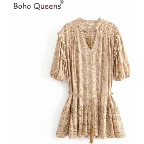Boho Queens floral print half sleeve tassel ruffles beach Bohemian mini dresses Ladies loose v-neck rayon happie dress