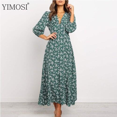 Women Chiffon Long Dress Vintage Floral Print Long Sleeve V Neck Dress 2020 Elegant High Waist Party Dresses