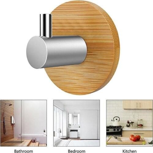1PC Adhesive Natural Bamboo Steel Hook Wall Clothes Bag Key Hanger Kitchen Bathroom Door Towel Rustproof Shelf