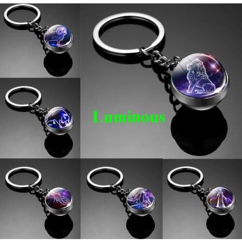 12 Constellation Luminous Keychain Glass Ball Pendant Zodiac Keychain Glow In The Dark Key Chain Holder Men Women Birthday Gift