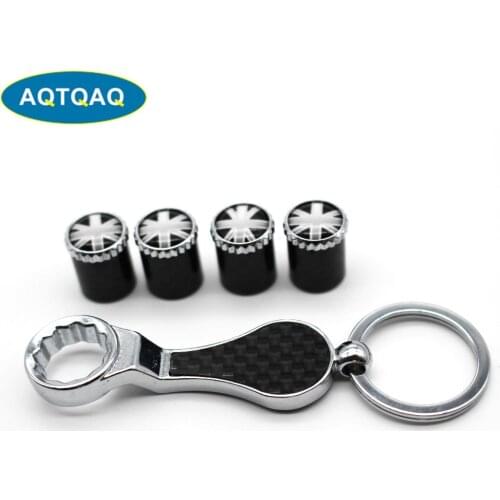5Pcs/Set England National Flag Emblem Auto Car Wheel Tire Air Valve Caps With Wrench Keychain Carbon Fiber + Copper Stem Dust Co