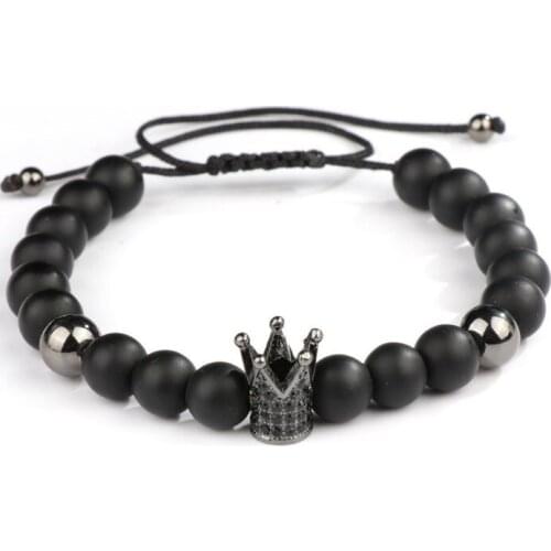8mm gt2 pave cz zircon cubic zirconia elastic adjusted Charm nature Black stone volcanic lava bead Crown Charm Bracelet