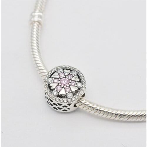 925 Sterling Silver Round Heart-Shaped Pink Flowers Pendant Charm Bracelet DIY Jewelry Making For Original Pandora