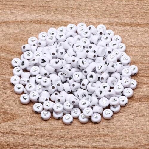 Silvered Heart Pattern Round White Acrylic Beads 4x7mm Spacer Bead for Jewelry Making Diy Clothing Sewing Decoration Accessories