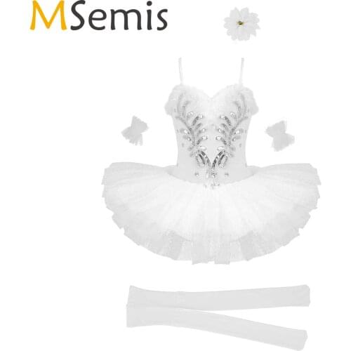 Kids Girls Embroidered Ballerina Swan Performance Dance Wear Costumes Skirted Leotard Ballet Tutu Dress Stockings Hairpin Bracel