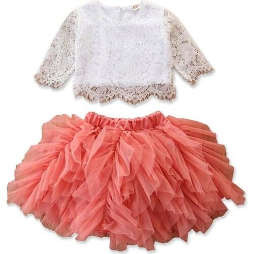 2020 Spring Girls Clothes Set Fashion Two Piece Toddler Skirt Set Cotton White Lace Top+Tutu Cake Skirt For 2-7Yrs Kids Clothes