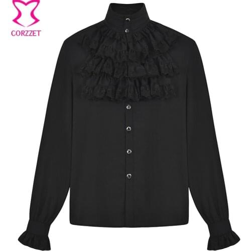 Black Chiffon & Lace Layered Ruffles Stand Collar Long Sleeve Vintage Shirt Gothic Medieval Clothing Victorian Costume Men 6XL
