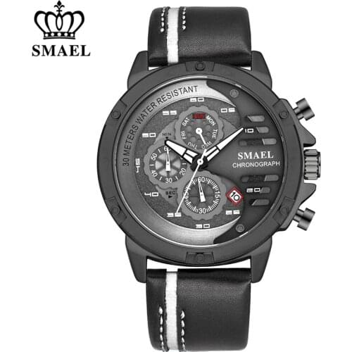SMAEL Men Sport Watches Fashion Waterproof Date Quartz Watch Man Leather Military Wrist Watch Chronograph relogio masculino