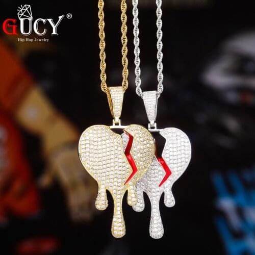 GUCY Red Oil Drip Heart Necklace & Pendant With 4mm Tennis Chain Gold Silver Color Cubic Zircon Mens Women Hip Hop Jewelry Gift