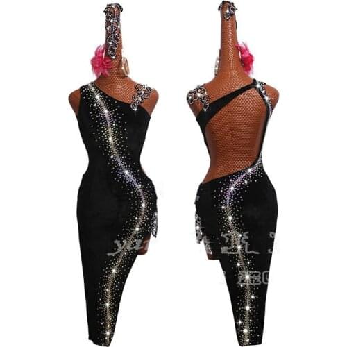 Latin Dance Dress Women High-end Competition Costume Adult Female Black Velvet Oblique Shoulder Shiny Meteor Shower Dance Dress