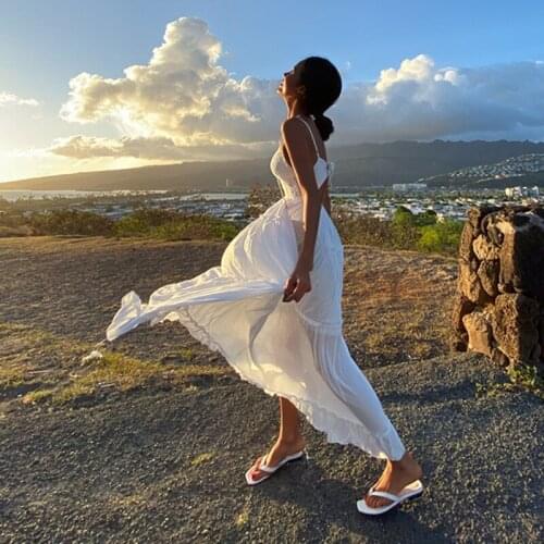 White Dresses For Women 2021 Backless Bow Sling Is Sexy Comfortable Breathable V-Neck Pure Ruffled Elegant Fashion Long Skirt