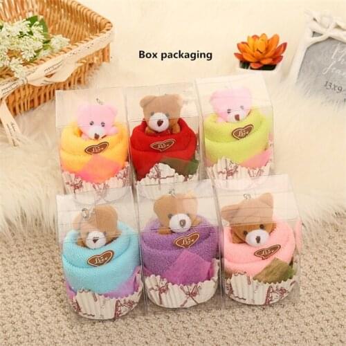 10Sets Cartoon Towels Mini Bear Cup Cake Box Pack 30x30cm Microfiber fabric Hand Towels Face Washing Towel Party Wedding Gifts