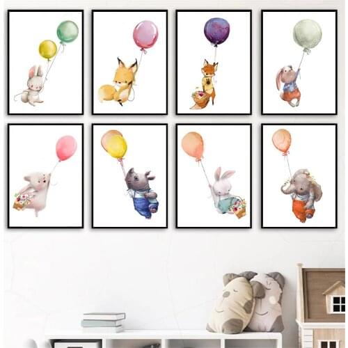 Rhino Fox Elephant Rabbit Canvas Prints Nursery Wall Painting Balloon Animals Print Bunny Poster Wall Pictures Kids Room Decor