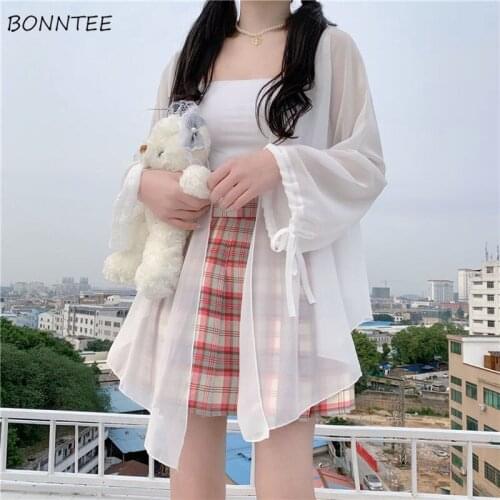 Shirt Women Open Stitch Chiffon Solid Color Lantern Sleeve Sweet Holiday Simple All-match Female Casual Japanese Style Popular