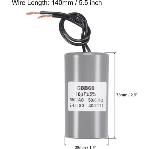 Uxcell CBB60 Run Capacitor 10uF 250V AC 2 Wires 73x38mm for Compressor Pump Motor
