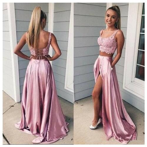 Vkbridal Two Pieces Lace Prom Dresses with Pockets Long Pink Party Dresses Sexy Criss-cross Back Formal Evening Gowns for Women