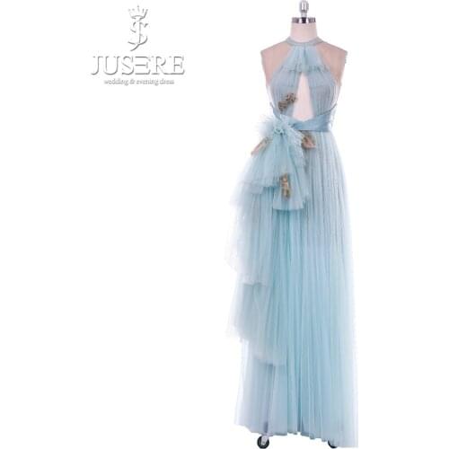 High End Prom dresses Tiered Halter Neck Embroidery Tulle Light Blue dress for graduation Formal Evening Prom Dress