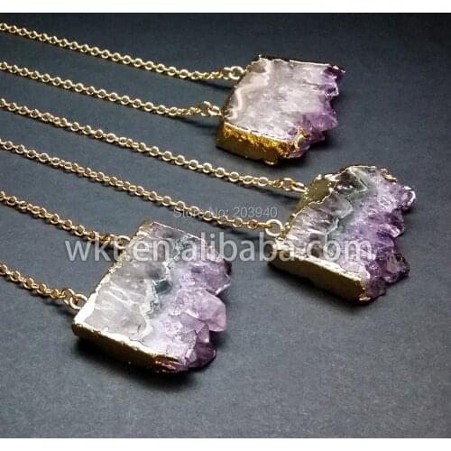 WT-N123 Hot sales natural gold dipped purple stone A methyst necklace for women gift, natural slice stone pendant necklace
