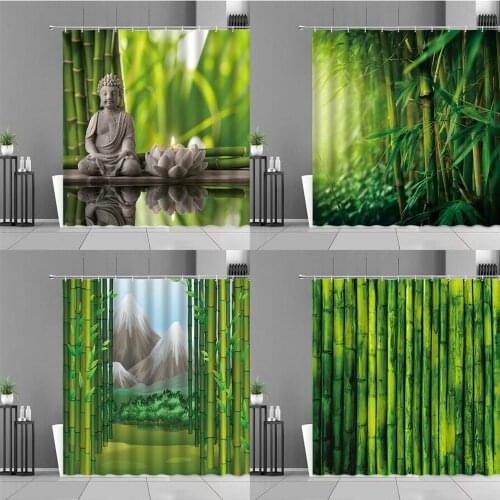 Green Plants Bamboo Leaf Shower Curtain Zen Buddha Lotus Mountain Trees Landscape Home Bathroom Decor Screen Waterproof Curtains