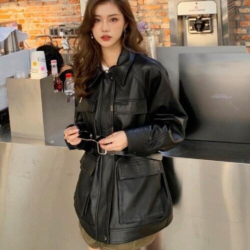 OFTBUY 2021 New Genuine Leather Jacket Women Woman Coat Real Sheepskin Jacket Women Vintage Spring/Autumn Pockets Korean Black