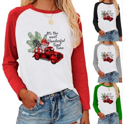 Printed Loose Round Neck Long Sleeve Womens T-shirt Fall/Winter Large Size Casual Printed Christmas T-shirt