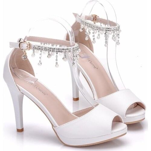 Women sandals wedding Party PU Rhinestones Buckle Strap 10CM Thin High heels Peep Toe zapatos de mujer women shoes size 35-42