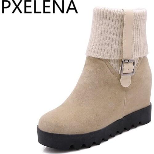 PXELENA Design Knitting Height Increasing Hidden High Heels Women Ankle Boots Slip On Buckle Decor Punk Gothic Rock Boots Ladies