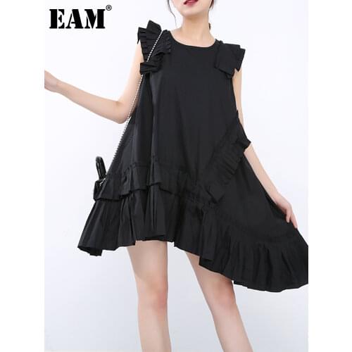 [EAM] 2021 New Spring Summer Round Neck Sleeveless Black Irregular Ruffles Pleated Stitch Loose Dress Women Fashion Tide JX33801