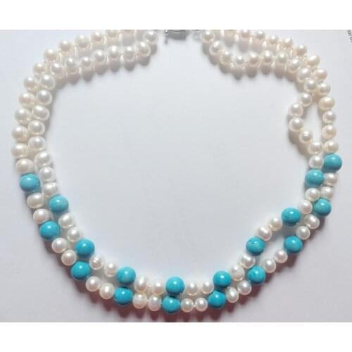 9x10mm 2 strands white pearl blue stone mixed necklace natural Freshwater PEARL Women Jewelry 35cm 43cm 14'' 17