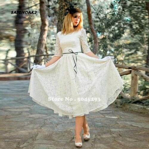 2020 Lace Short Wedding Dress Half Sleeve Tea Length Bridal Gowns Vestidos De Novia Corto Robe Mariage Undefined Online Shop