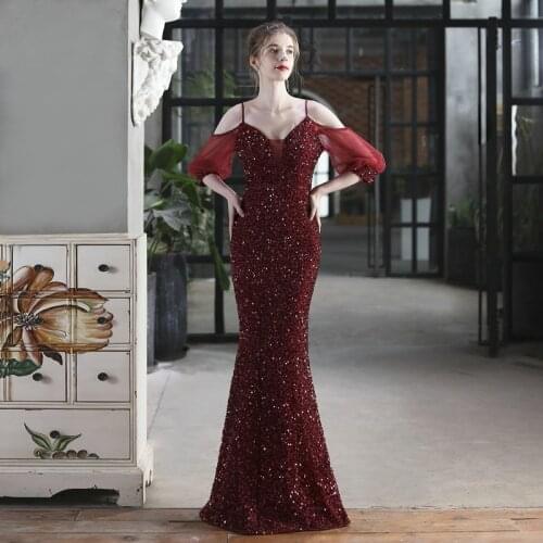 2021 New Women Party Strap Dress Sexy Off Shoulder Long Sequin Evening Dress Self cultivation Elegant temperament