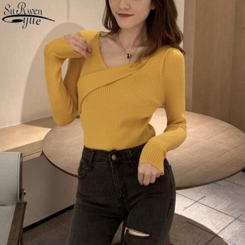 2021 Winter Womens Knitwear Solid V Neck Bottoming Sweater Korean Wild Slim Simple Long Sleeve Pullover Women Knitwear 10374