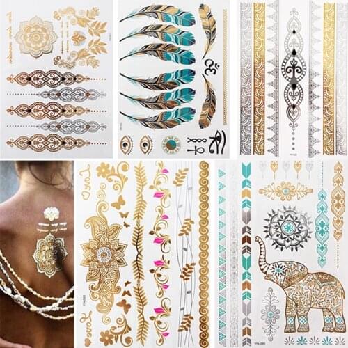 5pcs/lot Waterproof Temporary Tattoo Women Henna Body Arm Art Fake Flash Tatoos Gold Silver Metallic Tatoo Stickers