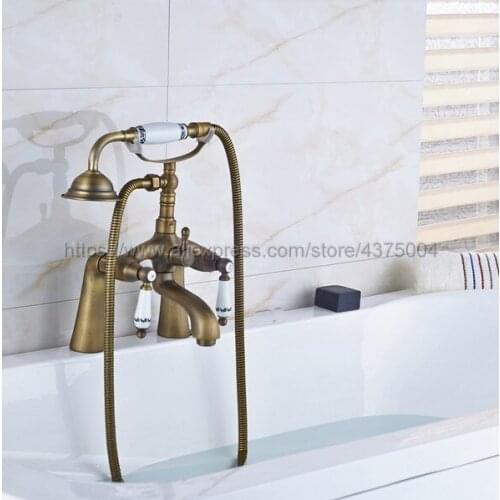 Antique Brass Dual Handle Bathroom Tub Faucet Deck Mounted Bathtub Mixer Taps with Handshower Nan009