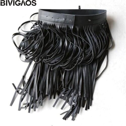BIVIGAOS Womens PU Leather Girdle Long Skirt Tassel Belt Skirts Female Wild Gypsy Style Skirts Adjustable Faldas Largas Saias