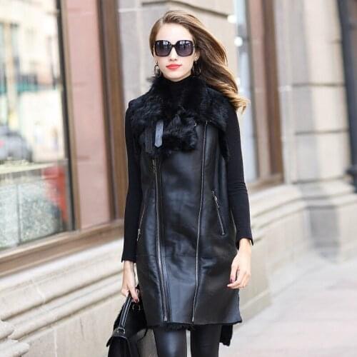 Long Sheepskin Genuine Leather Vest Jacket Real Fur Coat Women Sheep Fur Lining Jackets Winter Warm Coats Female ZQY7081