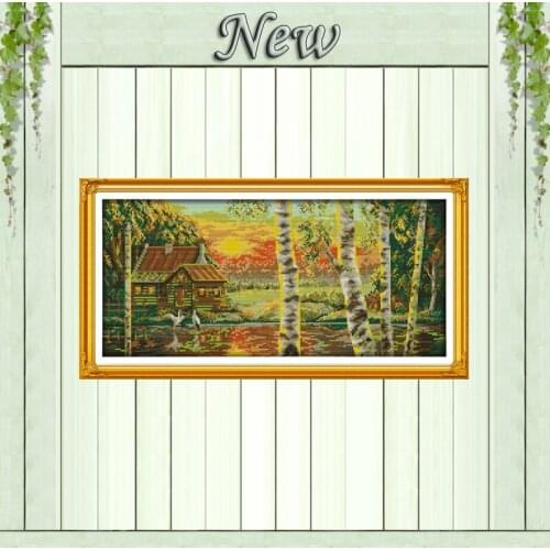 Golden sunshine forest house lakeside painting counted print on fabric DMC14CT 11CT Cross Stitch Needlework kits Embroidery Sets